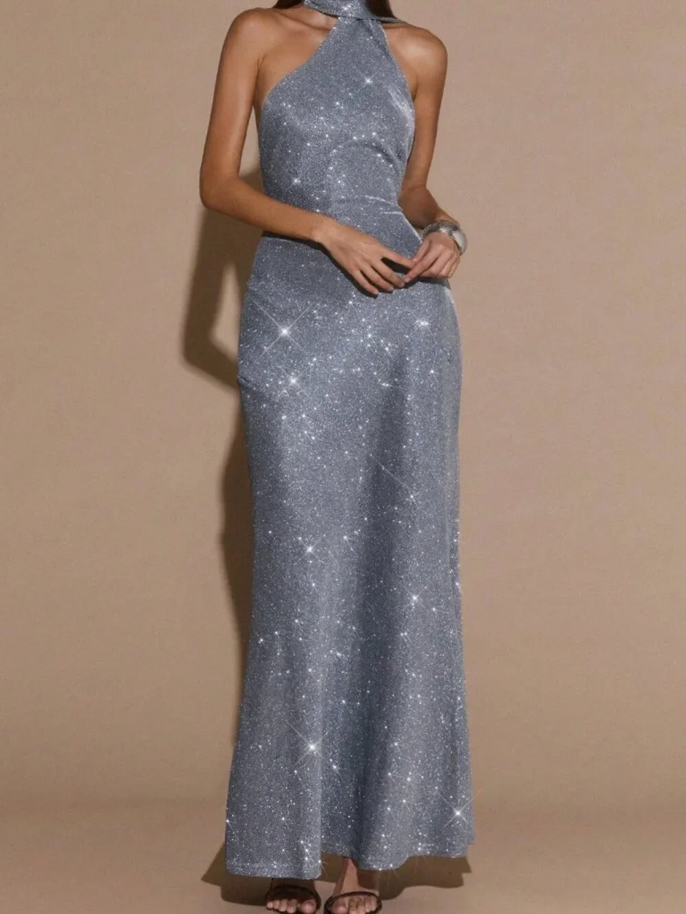 Silver Party Women's Glitter Mermaid Maxi Dress